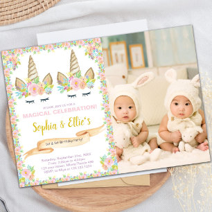 Twin Unicorn Birthday Invitation with Photo