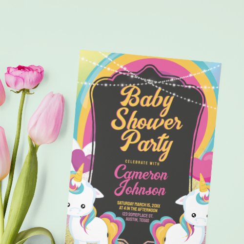 Twin Unicorns Baby Shower Cute Colorful Invitation
