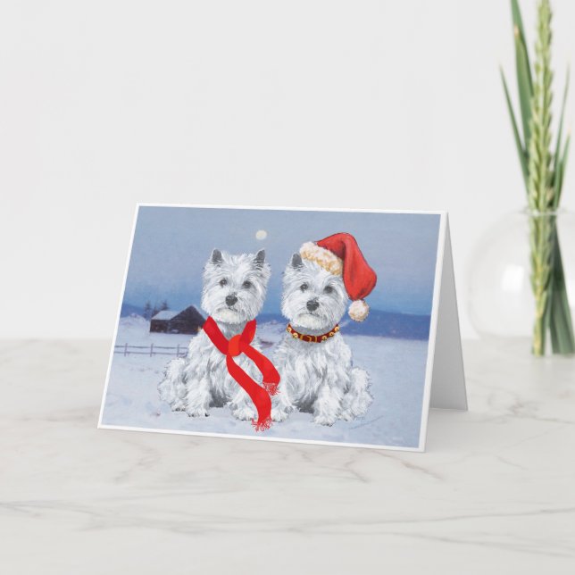 Twin Westies on a Wintry Evening Holiday Card (Front)