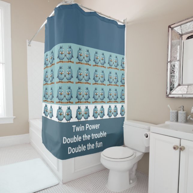 Twin Whimsical Birds Blue Shower Curtain (In Situ)