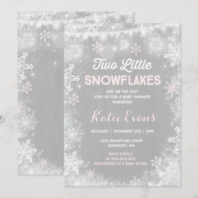 Twin Winter Baby Shower Invitation Rustic Pink (Front/Back)