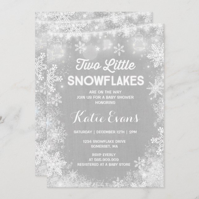 Twin Winter Baby Shower Invitation Rustic White (Front/Back)