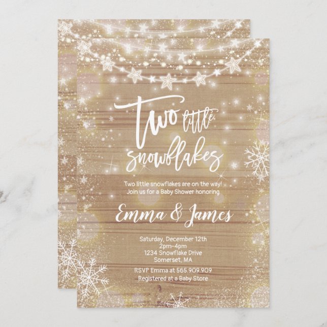 Twin Winter Baby Shower Invitation Rustic White (Front/Back)