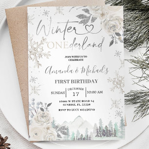 Twin Winter Onederland Snowflake White Birthday Invitation