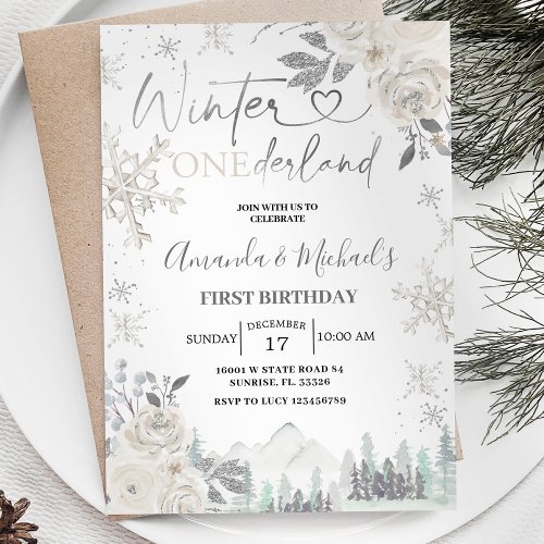 Twin Winter Onederland Snowflake White Birthday Invitation
