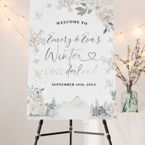 Twin Winter onederland snowflake white floral sign