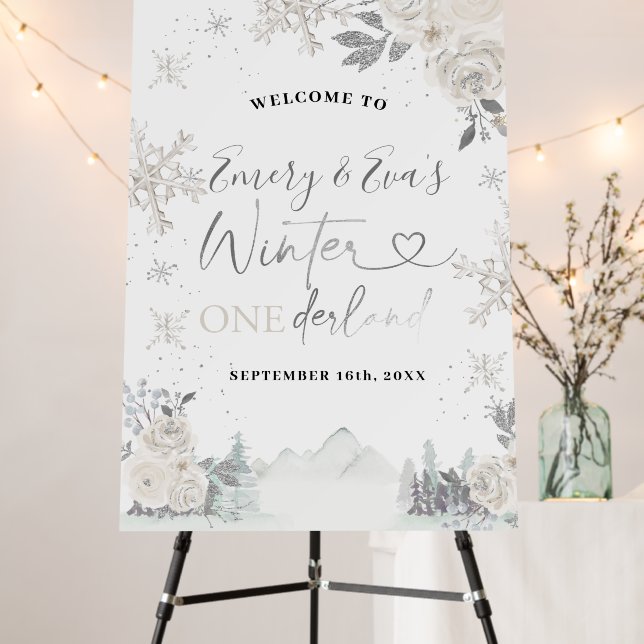 Twin Winter onederland snowflake white floral sign (In Situ (Stand))