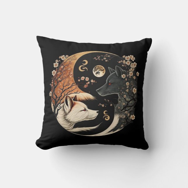 Twin Wolf Yin and Yang Throw Pillow (Front)