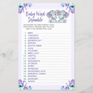 Twin Word Scramble Game Elephants Purple Teal Flyer