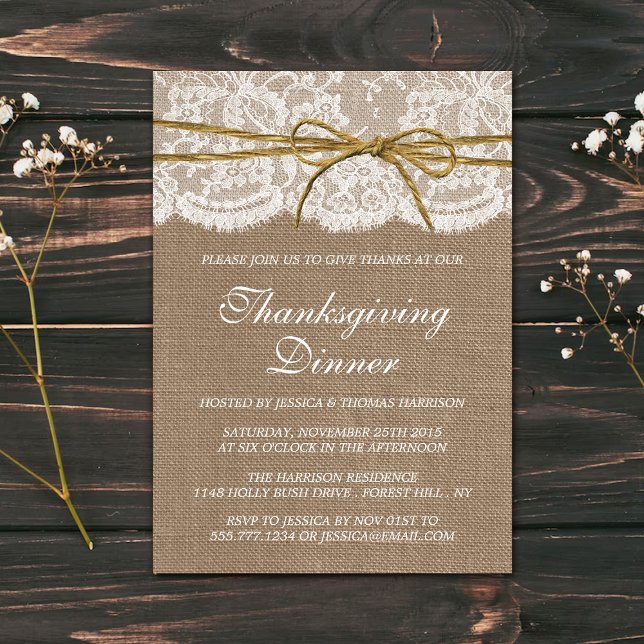 Twine Bow On Burlap & Lace Thanksgiving Dinner Invitation (Creator Uploaded)