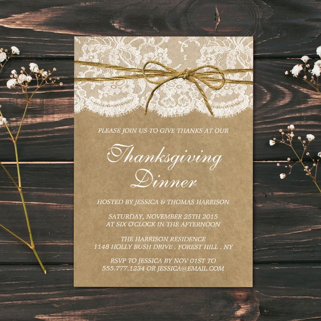 Twine Bow On Kraft & Lace Thanksgiving Dinner Invitation (Creator Uploaded)
