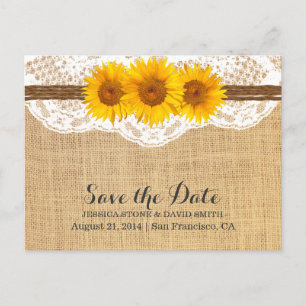 Twine & Sunflower Lace Burlap Save the Date Announcement Postcard
