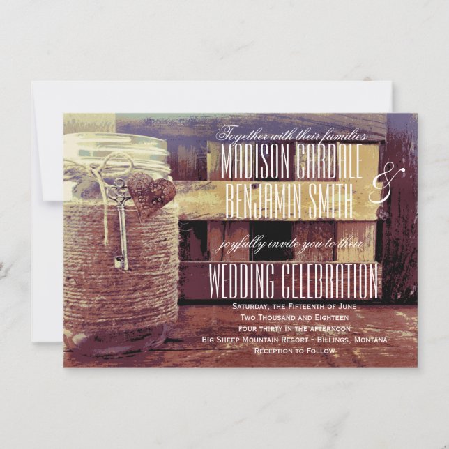 Twine Wrapped Mason Jar Heart Key Wedding Invites (Front)