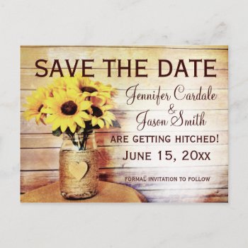 Twine Wrapped Mason Jar Sunflower Save The Date Postcard by RusticCountryWedding at Zazzle
