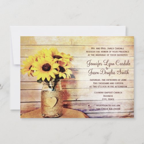 Twine Wrapped Mason Jar Sunflower Wedding Invites