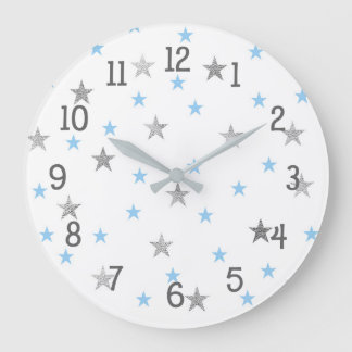 Twinkle Baby Nursery Decor, blue silver stars Large Clock
