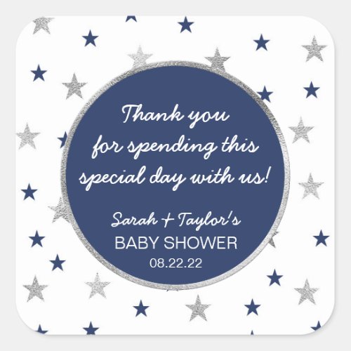 Twinkle Baby Shower favor navy silver stars Square Sticker