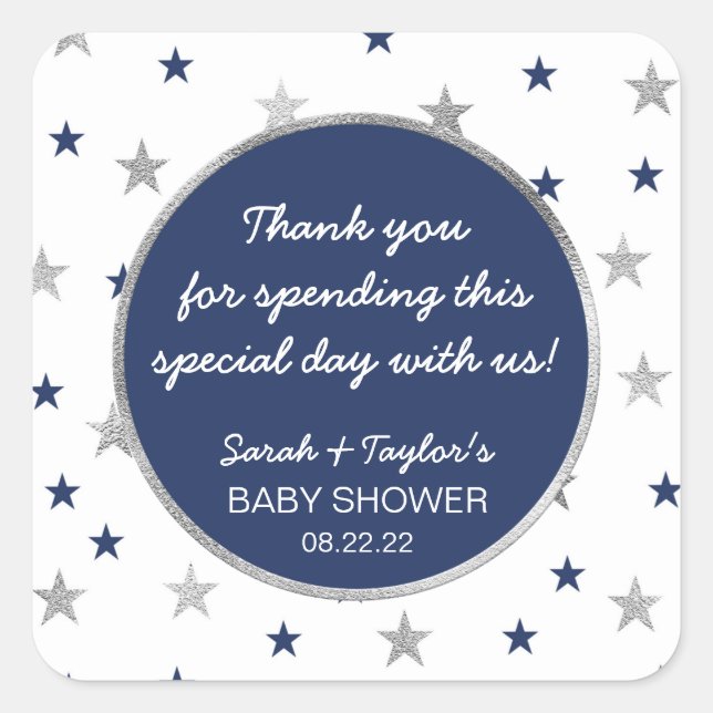 Twinkle Baby Shower favor, navy silver stars Square Sticker (Front)