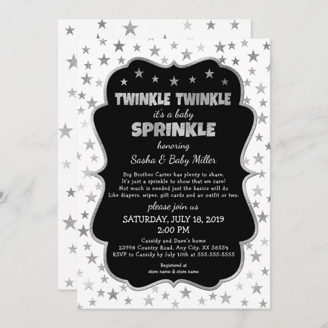 Twinkle Baby Sprinkle black silver invitations (Front/Back)