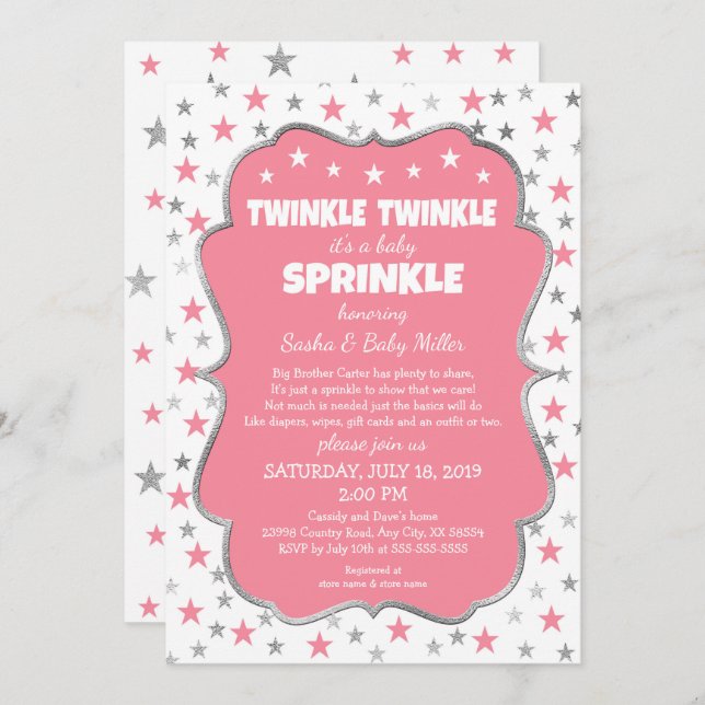 Twinkle Baby Sprinkle girl shower invitations (Front/Back)