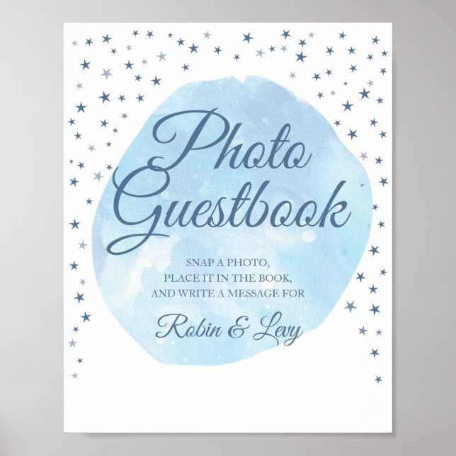 Twinkle Blue Moon Stars Photo Guest Book Sign (Front)