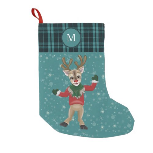 Twinkle Cute Reindeer Green Plaid Monogram  Small Christmas Stocking