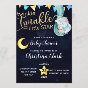 Twinkle Elephant Moon & Stars Baby Shower Invitation
