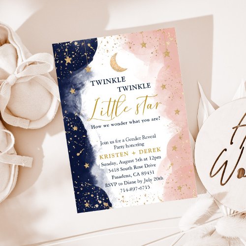 Twinkle Gender Reveal Navy Blue And Blush Pink Invitation