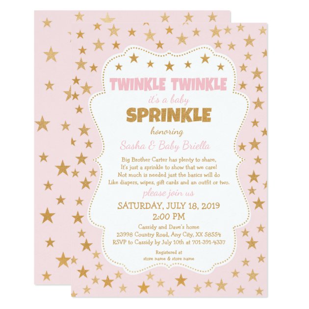Twinkle Girl Baby Sprinkle Pink Gold Stars Invite