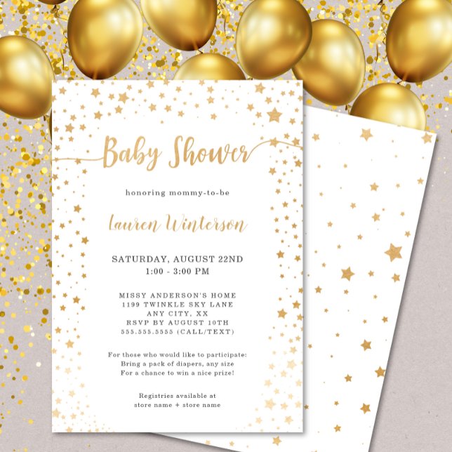 Twinkle Gold Star Baby Shower Invitation (Creator Uploaded)