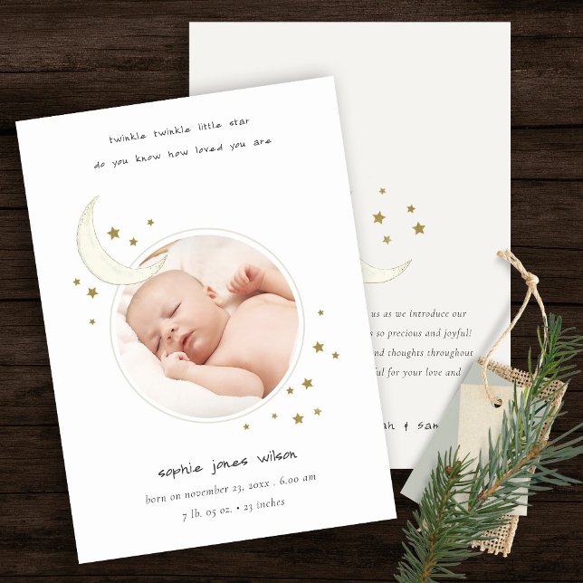 Twinkle Gold Star Moon Photo Birth Announcement (Creator Uploaded)