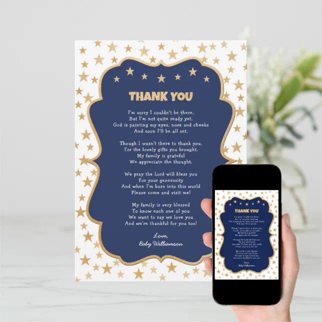 Twinkle gold stars navy boy thank you note invitation | Zazzle