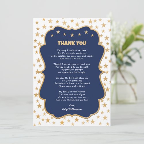 Twinkle gold stars navy boy thank you note invitation
