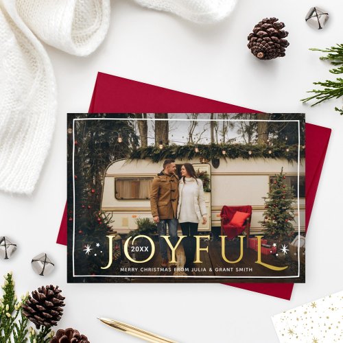Twinkle Lights and Stars Joyful Photo Gold Foil Holiday Card
