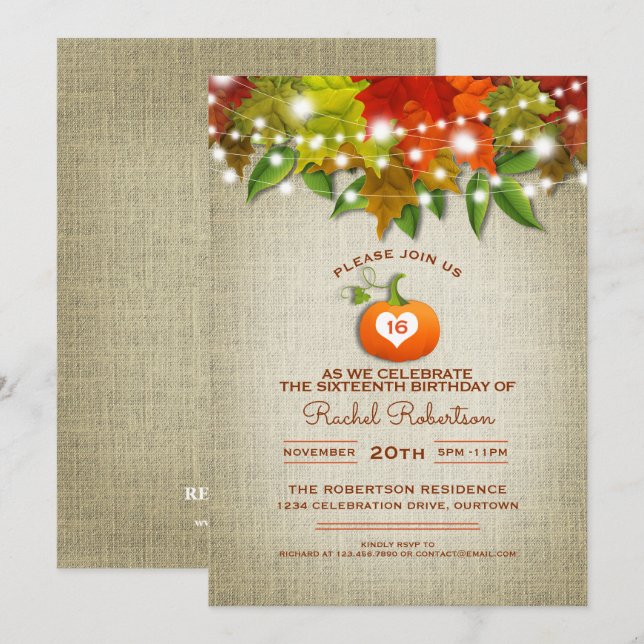 Twinkle Lights Autumn Burlap Sweet 16 Party Invitation (Front/Back)