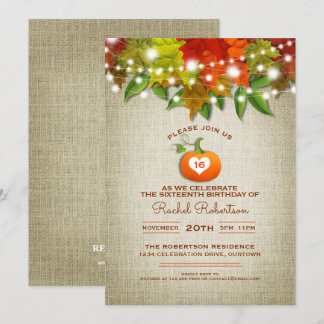 Twinkle Lights Autumn Burlap Sweet 16 Party Invitation