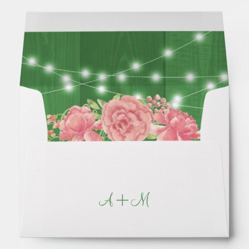 Twinkle lights barn wood rustic peonies wedding envelope