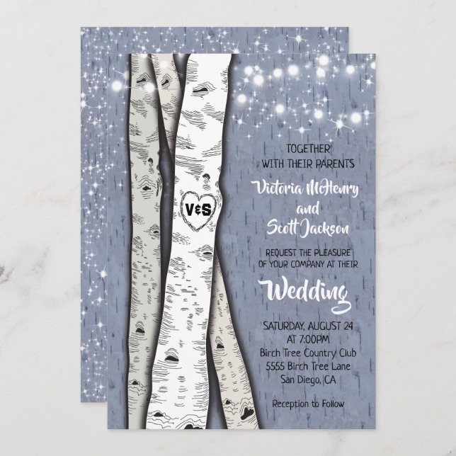 Twinkle lights Birch Tree Wedding Invitations (Front/Back)
