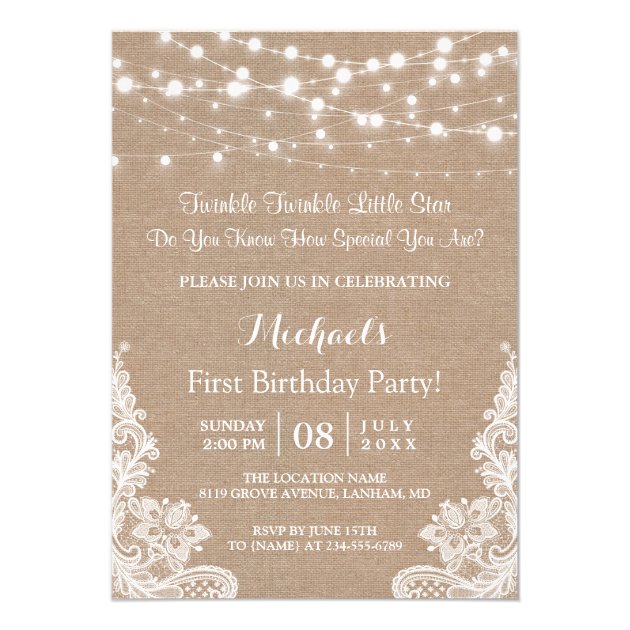 Twinkle Lights Burlap Lace First Birthday Party Invitation