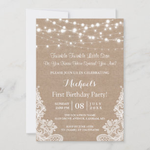 Twinkle Lights Burlap Lace First Birthday Party Invitation
