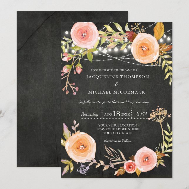 Twinkle Lights Chalkboard Bridal Shower Floral Invitation (Front/Back)