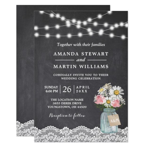 Twinkle Lights Chalkboard Lace Floral Wedding Invitation