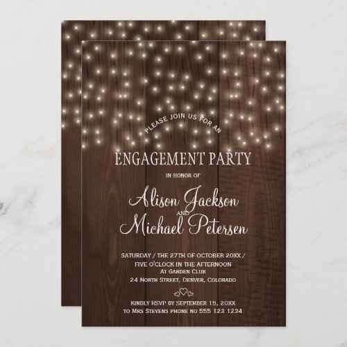 Twinkle lights engagement party rustic barn wood invitation
