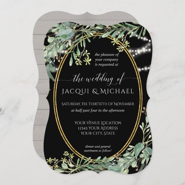 Twinkle Lights Eucalyptus Greenery Wood Watercolor Invitation (Front/Back)