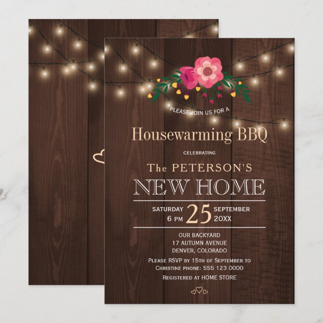 Twinkle lights floral rustic housewarming bbq invitation (Front/Back)