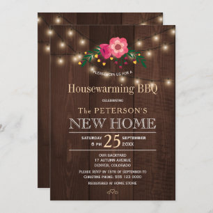 Twinkle lights floral rustic housewarming bbq invitation
