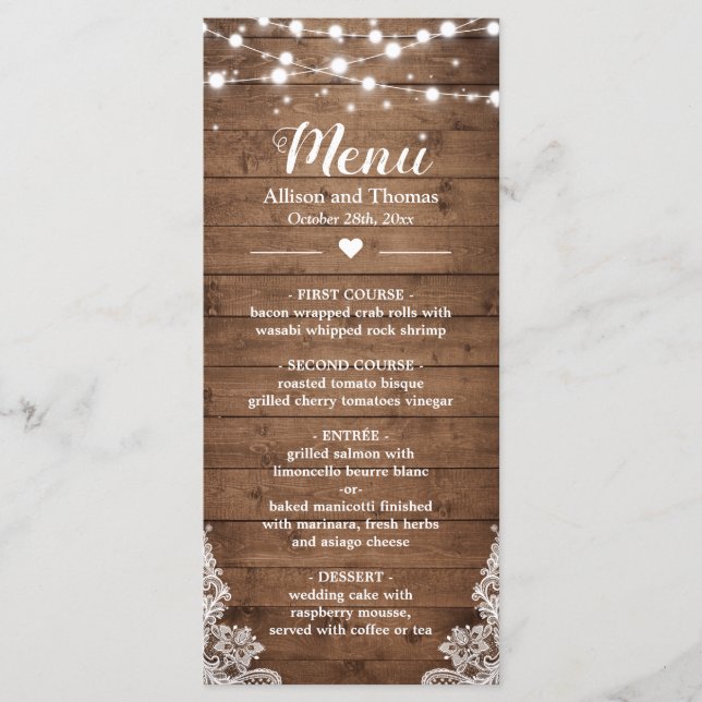 Twinkle Lights Lace Rustic Country Wood Wedding Menu (Front)
