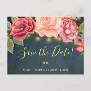 Twinkle lights navy blush roses wedding save date announcement postcard