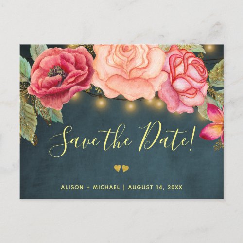 Twinkle lights navy blush roses wedding save date announcement postcard
