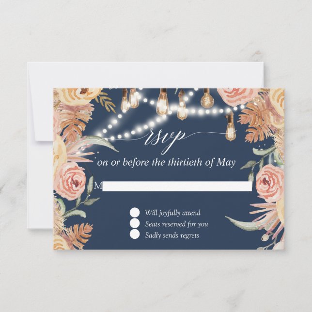 Twinkle Lights Navy Pink Floral Faded Foliage RSVP Card (Front)